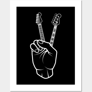 Guitar and Bass Outline Hand Peace Sign Dark Theme Posters and Art